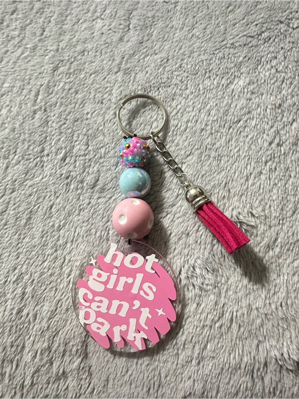 Pink Acrylic Keychain Charm with Beads and Tassel
